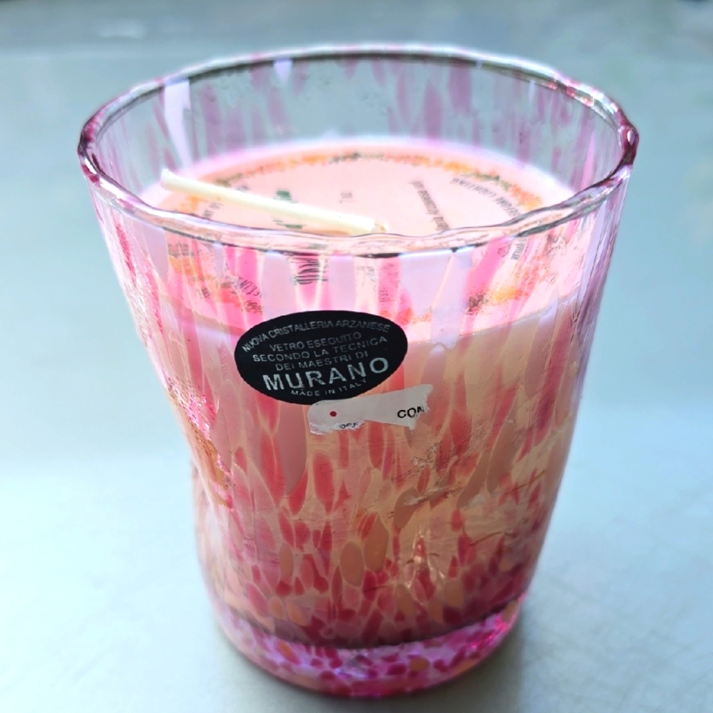 Murano Art Tumbler Glass With Candle - Pink Speckle Dimple Glass Profumi Italia